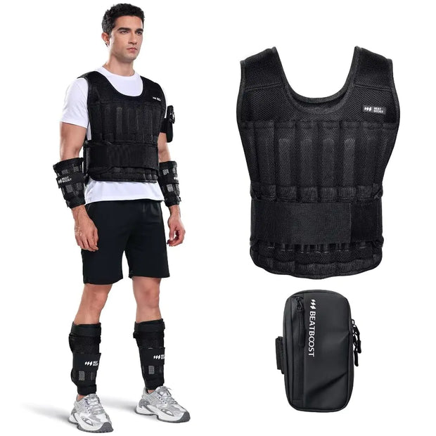 BeatBoost Adjustable Weighted Vest – Up to 44 lbs with 64 steel plates. Perfect for strength training, walking, running, and workouts.